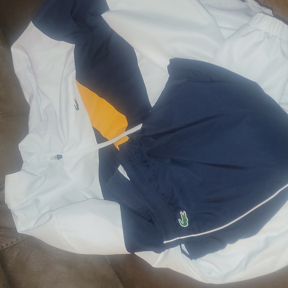 Lacoste White Navy Windbreaker Jacket and Navy Track Shorts with Yellow Accent